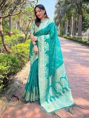 Rajwada Sea Green Woven Design Organza Saree With Unstitched Blouse For Women