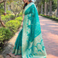 Rajwada Sea Green Woven Design Organza Saree With Unstitched Blouse For Women