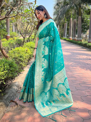 Rajwada Sea Green Woven Design Organza Saree With Unstitched Blouse For Women