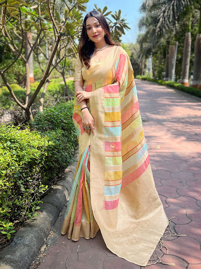 Rajwada Cream Woven Design Organza Saree With Unstitched Blouse For Women