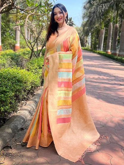 Rajwada Beige Woven Design Organza Saree With Unstitched Blouse For Women