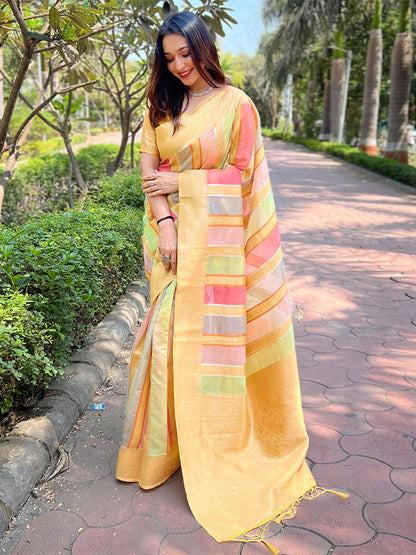 Rajwada Yellow Woven Design Organza Saree With Unstitched Blouse For Women