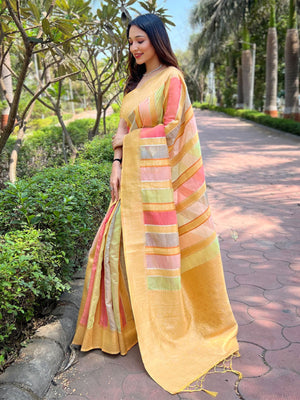 Rajwada Yellow Woven Design Organza Saree With Unstitched Blouse For Women