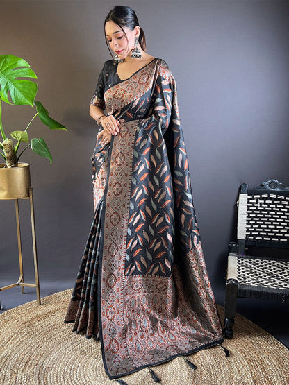 Rajwada Black Woven Design Soft Silk Saree With Unstitched Blouse For Women