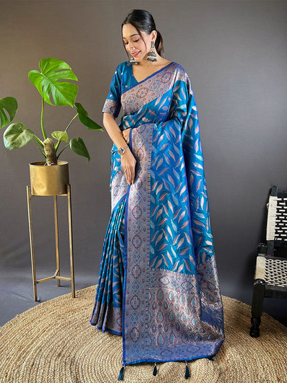 Rajwada Blue Woven Design Soft Silk Saree With Unstitched Blouse For Women