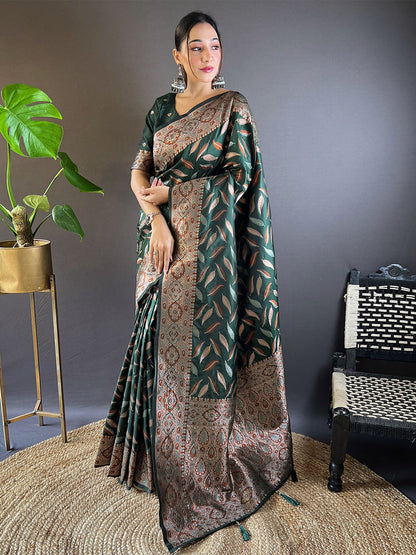 Rajwada Green Woven Design Soft Silk Saree With Unstitched Blouse For Women