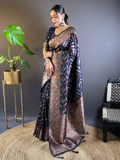 Rajwada Navy Blue Woven Design Soft Silk Saree With Unstitched Blouse For Women