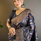 Rajwada Navy Blue Woven Design Soft Silk Saree With Unstitched Blouse For Women