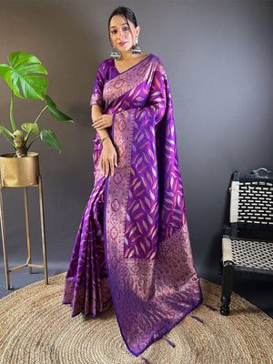 Rajwada Purple Woven Design Soft Silk Saree With Unstitched Blouse For Women