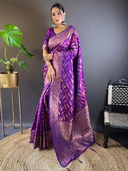 Rajwada Purple Woven Design Soft Silk Saree With Unstitched Blouse For Women