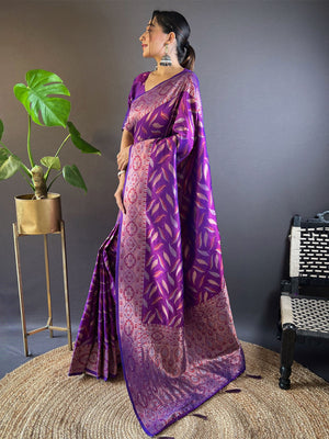 Rajwada Purple Woven Design Soft Silk Saree With Unstitched Blouse For Women