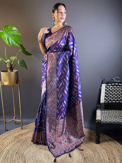 Rajwada Navy Blue Woven Design Soft Silk Saree With Unstitched Blouse For Women