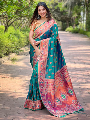 Rajwada Teal Woven Design Silk Blend Saree With Unstitched Blouse For Women