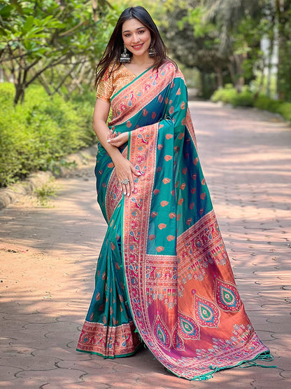 Rajwada Teal Woven Design Silk Blend Saree With Unstitched Blouse For Women
