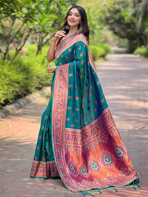Rajwada Teal Woven Design Silk Blend Saree With Unstitched Blouse For Women