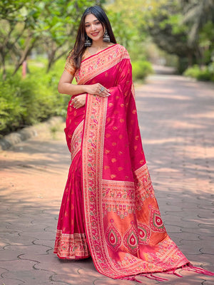 Rajwada Pink Woven Design Silk Blend Saree With Unstitched Blouse For Women