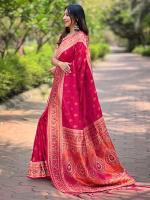 Rajwada Pink Woven Design Silk Blend Saree With Unstitched Blouse For Women
