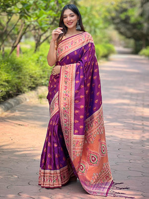 Rajwada Purple Woven Design Silk Blend Saree With Unstitched Blouse For Women