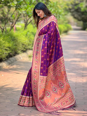 Rajwada Purple Woven Design Silk Blend Saree With Unstitched Blouse For Women