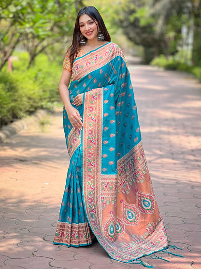 Rajwada Blue Woven Design Silk Blend Saree With Unstitched Blouse For Women