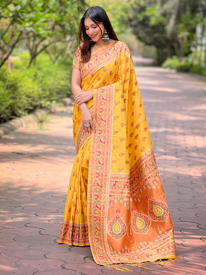 Rajwada Yellow Woven Design Silk Blend Saree With Unstitched Blouse For Women