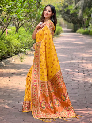 Rajwada Yellow Woven Design Silk Blend Saree With Unstitched Blouse For Women