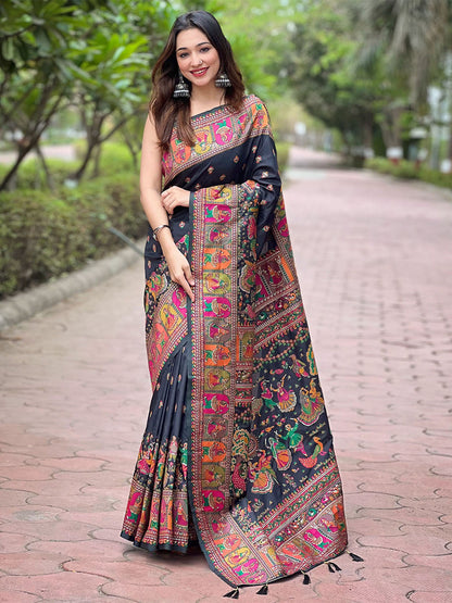 Rajwada Black Woven Design Silk Blend Saree With Unstitched Blouse For Women