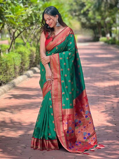 Rajwada Green Woven Design Silk Blend Saree With Unstitched Blouse For Women