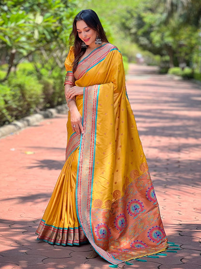 Rajwada Mustard Woven Design Silk Blend Saree With Unstitched Blouse For Women
