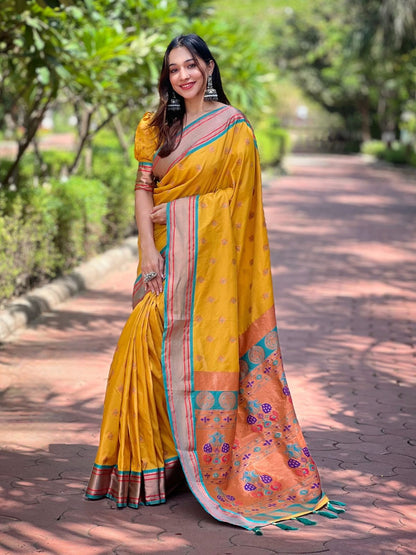 Rajwada Mustard Woven Design Silk Blend Saree With Unstitched Blouse For Women