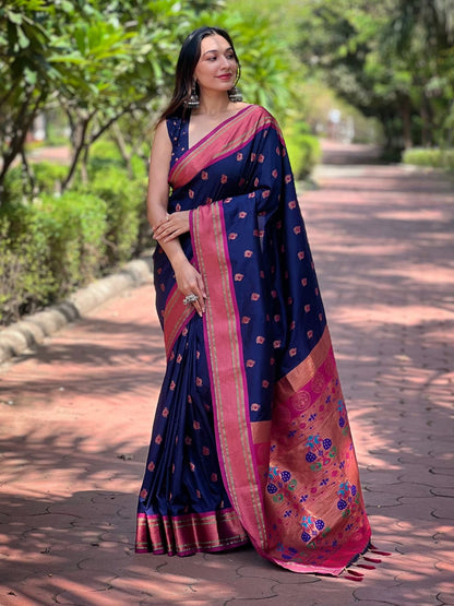 Rajwada Navy Blue Woven Design Silk Blend Saree With Unstitched Blouse For Women