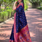 Rajwada Navy Blue Woven Design Silk Blend Saree With Unstitched Blouse For Women