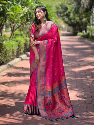 Rajwada Pink Woven Design Silk Blend Saree With Unstitched Blouse For Women