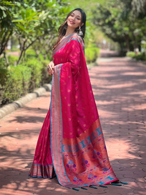 Rajwada Pink Woven Design Silk Blend Saree With Unstitched Blouse For Women