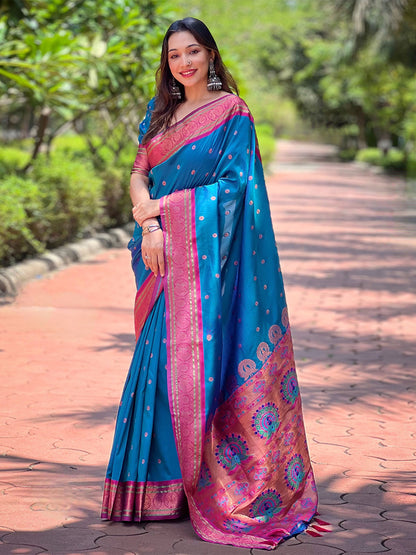 Rajwada Blue Woven Design Silk Blend Saree With Unstitched Blouse For Women