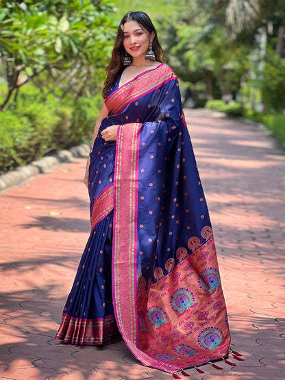 Rajwada Navy Blue Woven Design Silk Blend Saree With Unstitched Blouse For Women