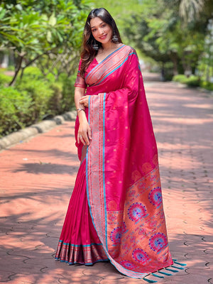 Rajwada Pink Woven Design Silk Blend Saree With Unstitched Blouse For Women
