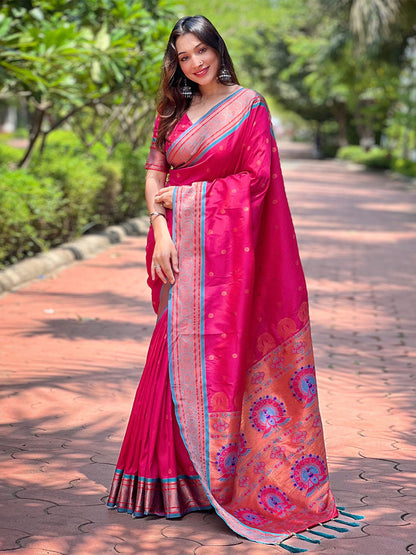 Rajwada Pink Woven Design Silk Blend Saree With Unstitched Blouse For Women