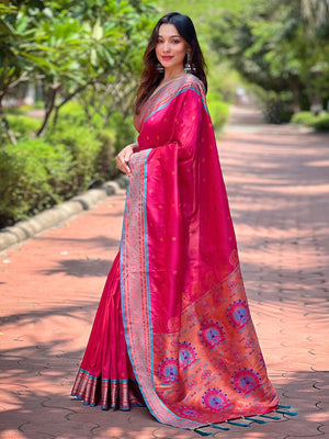 Rajwada Pink Woven Design Silk Blend Saree With Unstitched Blouse For Women