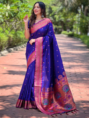 Rajwada Purple Woven Design Silk Blend Saree With Unstitched Blouse For Women