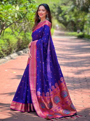 Rajwada Purple Woven Design Silk Blend Saree With Unstitched Blouse For Women