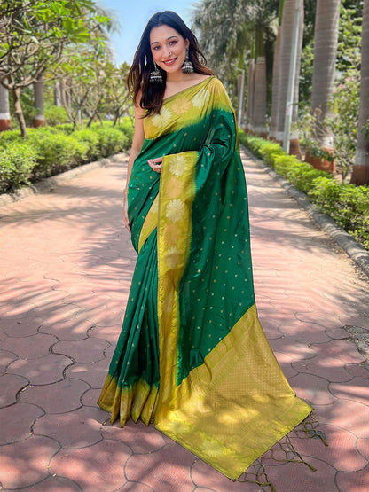 Rajwada Green Woven Design Soft Silk Saree With Unstitched Blouse For Women