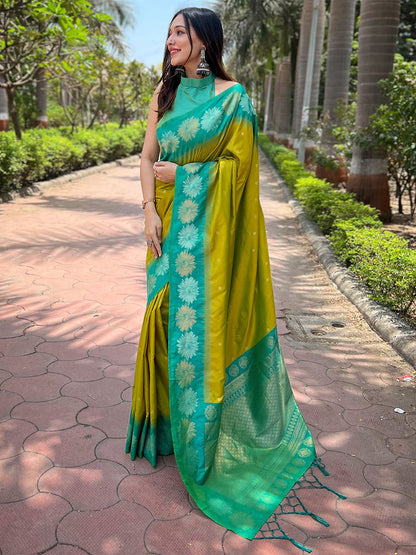 Rajwada Olive Woven Design Soft Silk Saree With Unstitched Blouse For Women