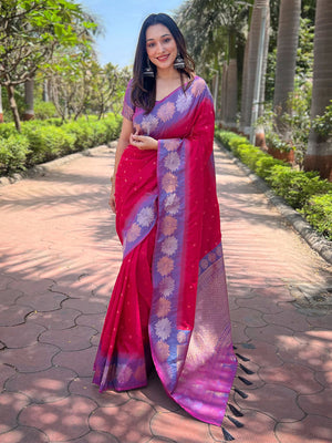 Rajwada Red Woven Design Soft Silk Saree With Unstitched Blouse For Women