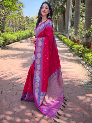 Rajwada Red Woven Design Soft Silk Saree With Unstitched Blouse For Women