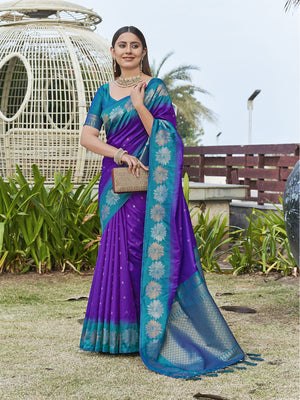 Rajwada Purple Woven Design Soft Silk Saree With Unstitched Blouse For Women