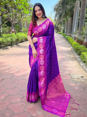 Rajwada Purple Woven Design Soft Silk Saree With Unstitched Blouse For Women