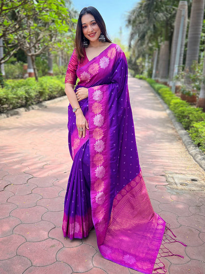 Rajwada Purple Woven Design Soft Silk Saree With Unstitched Blouse For Women