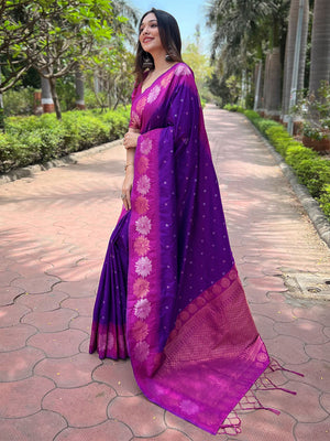 Rajwada Purple Woven Design Soft Silk Saree With Unstitched Blouse For Women