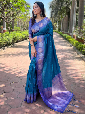 Rajwada Teal Woven Design Soft Silk Saree With Unstitched Blouse For Women